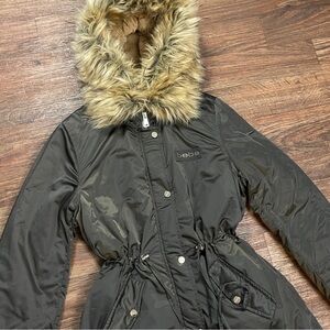 BEBE Puffer Coat Faux Sherpa Lined Hood with Fur Trim XL
